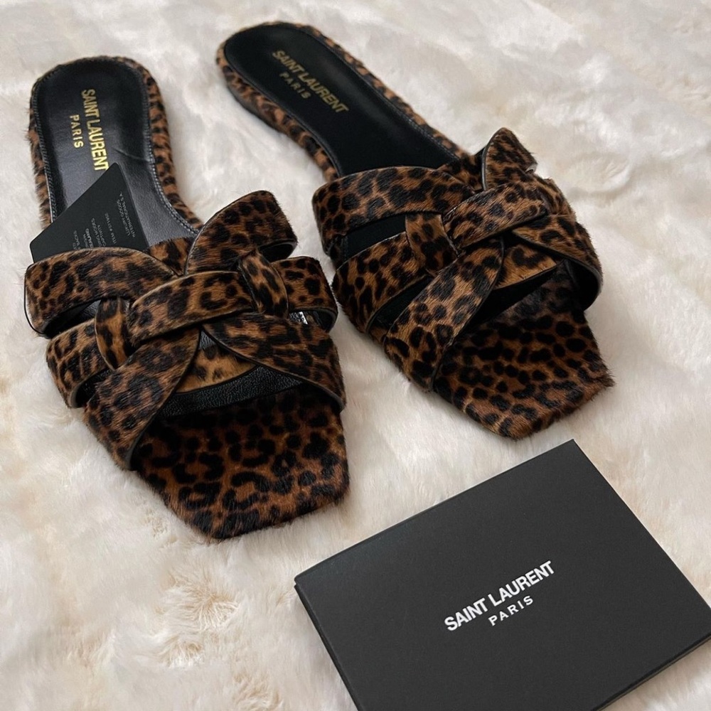 Saint Laurent Leopard-Print Knotted Slide Sandals - Brown/Black